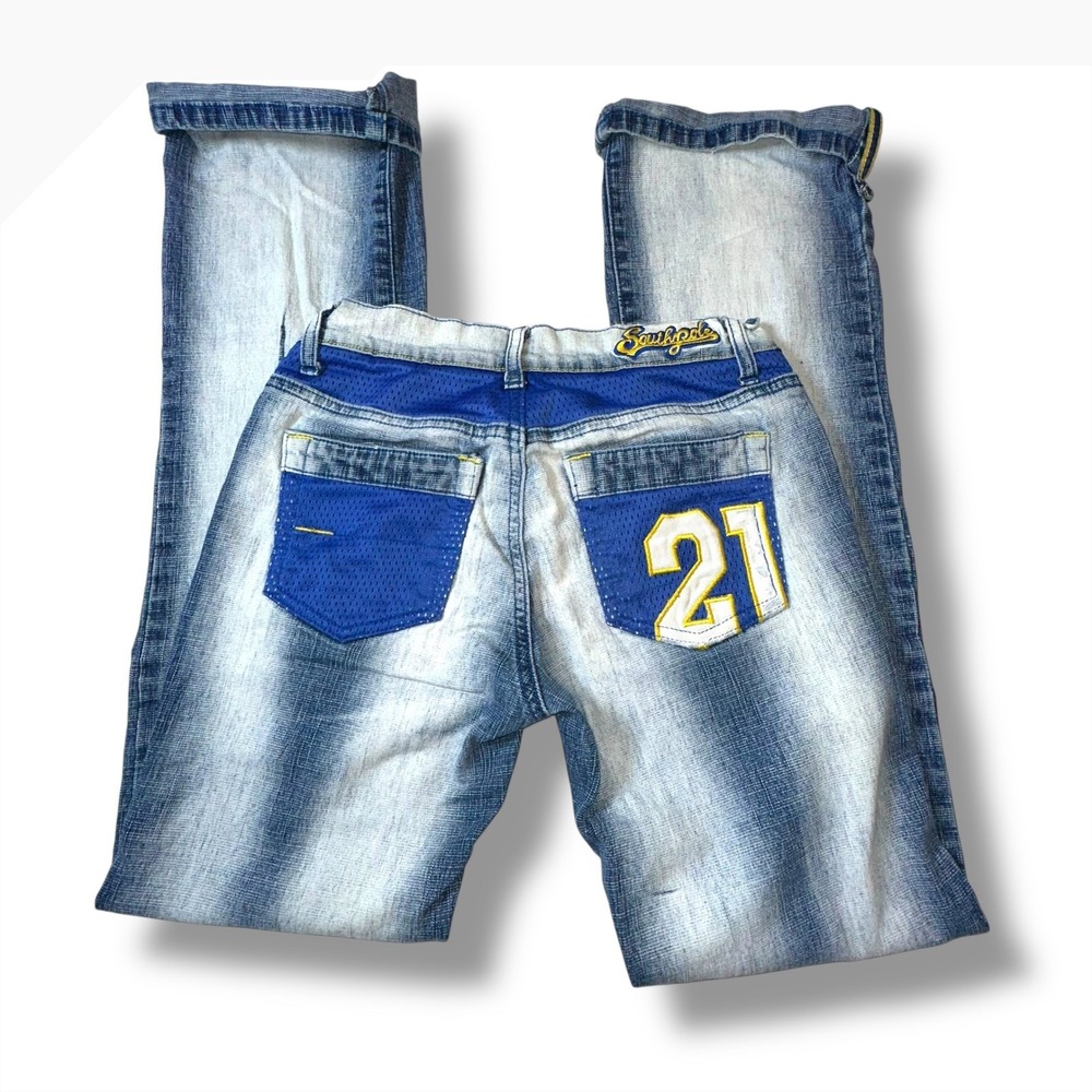 Southpole Juniors 1 Jeans Y2K 2000s Bleach Wash Number 21 Embellished Blue Denim